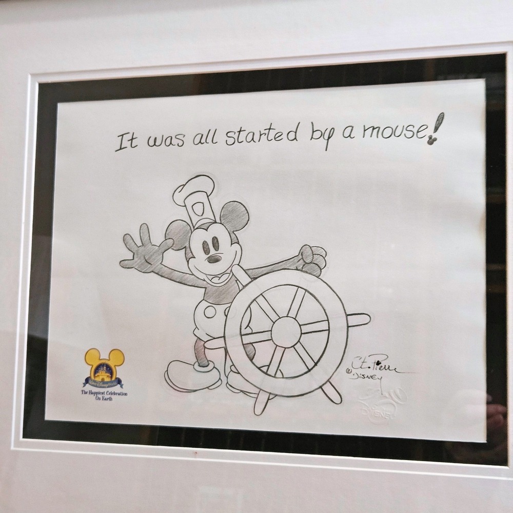 Disney Happiest Celebration 50th Steamboat Willie Mickey Mouse Framed Pencil Art